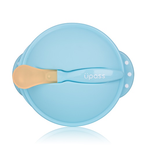 Bát ăn dặm chống đổ Upass có nắp, thìa cảm ứng nhịêt (xanh) (4m+)