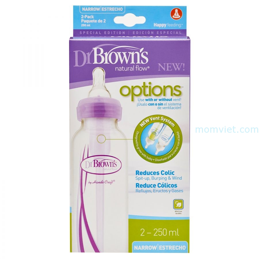 Combo 2 bình sữa Dr Brown's nhựa cổ thường options tím (250ml)