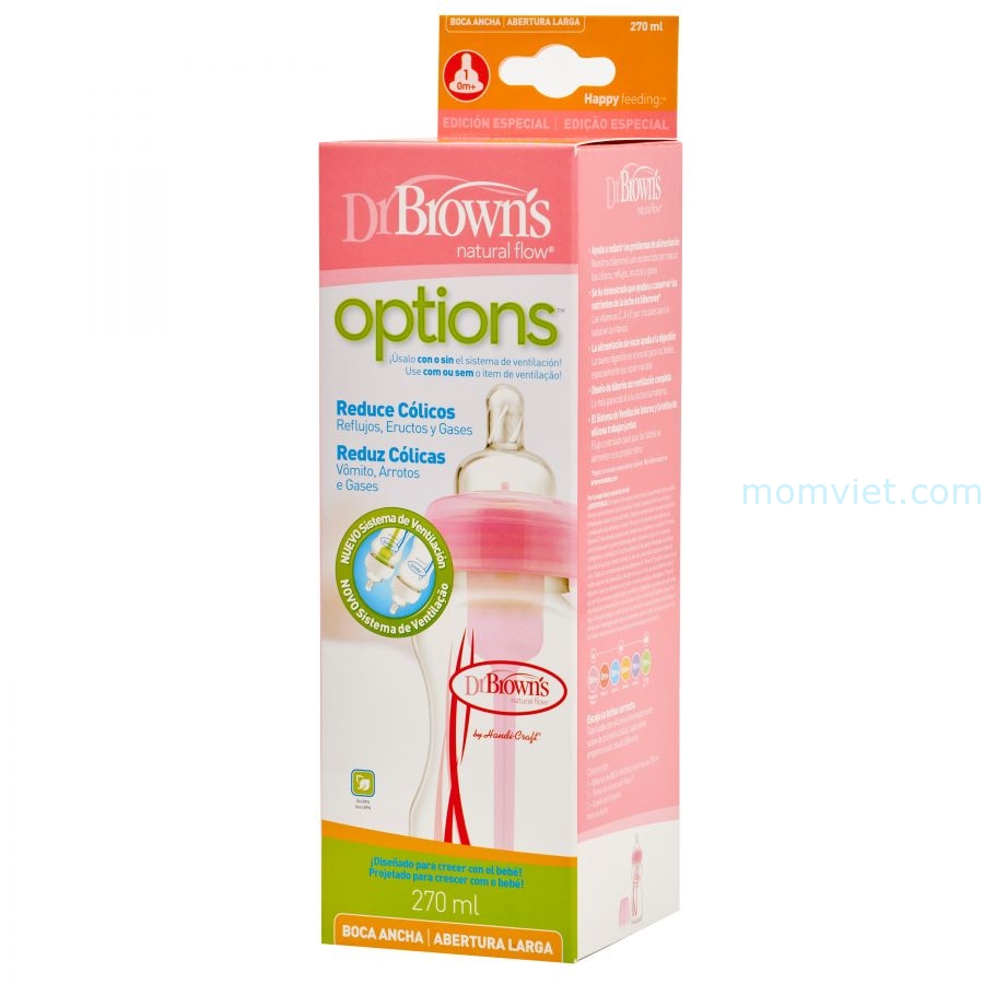 Bình sữa Dr Brown's nhựa cổ thường options hồng (270ml)